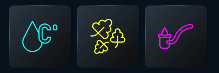 Set line Water temperature, Sauna ladle and Oak leaf. Black square button. Vector