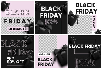 Black friday sale for social media, instagram stories and post, mobile app, banners, cards. Set of 6 posts template with gift box.