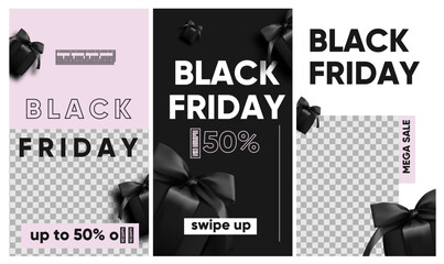 Black friday sale for social media, instagram stories and post, mobile app, banners, cards. Set of 3 stories template with gift box