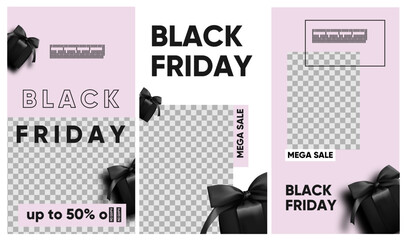 Black friday sale for social media, instagram stories and post, mobile app, banners, cards. Set of 3 stories template with gift box