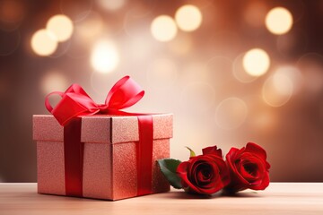 Valentines day red love gift box with red rose flower on wooden table bokeh light background
