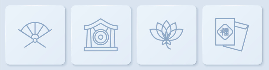 Set line Traditional paper fan, Lotus flower, Gong musical instrument and Chinese New Year. White square button. Vector
