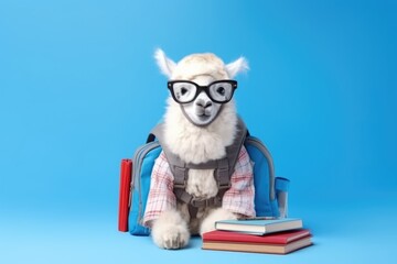 education poster with baby llama pupil in glasses with bagpack on blue background