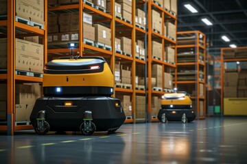 Automated guided vehicle in the logistic centers warehouse for efficient deliveries - obrazy, fototapety, plakaty