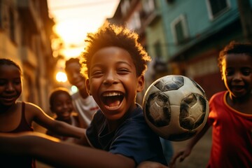 Joyful Kids Playing Soccer in Urban Sunset - obrazy, fototapety, plakaty