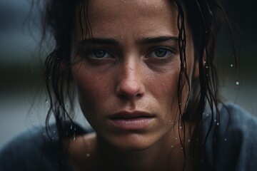 Adventure-Themed Portrait of a Woman in Rain with Strong Expression - obrazy, fototapety, plakaty