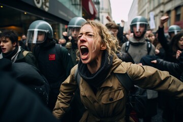 Fototapeta premium Emotionally Charged Protest Scene with Woman and Police