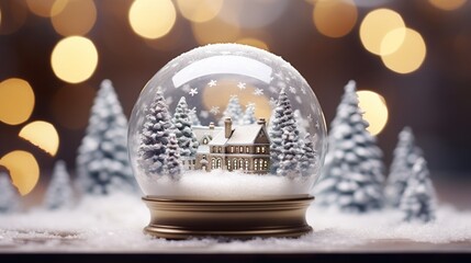 Fototapeta na wymiar Festive miniature snow globe ornament with a picturesque winter scene.