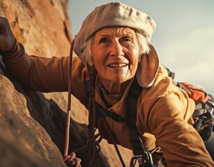 Obraz premium Hispanic Female Elderly Climber Scrambling Background Generative AI