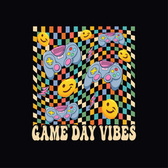 Game Day Vibes... 70s-Style Wavy Gaming Design for T-Shirts and Other Merchandise, Funny Smile Emoji And Controller Vector Illustration
