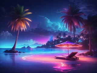 A neon-lit coastal boardwalk with glowing palm trees , creating an atmosphere of relaxation and tranquility.