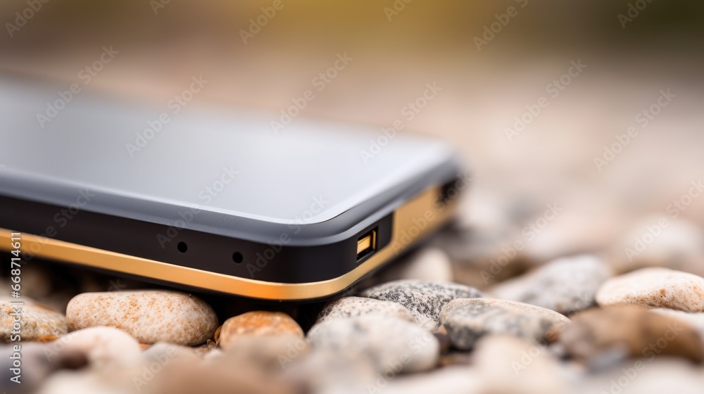 Canvas Prints A black and gold portable device laying on a rock, AI