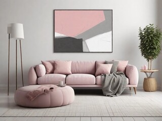 a living room with a gray couch and pink pillows