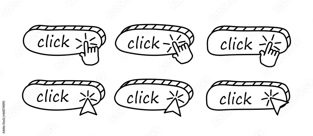 Poster click on a set of linear symbols. different push buttons for application, website, advertisement, pr