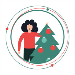 New Year, Christmas sticker with a girl holding a Christmas tree. Greeting vector illustration isolated on white background. Happy waiting for the winter holidays.