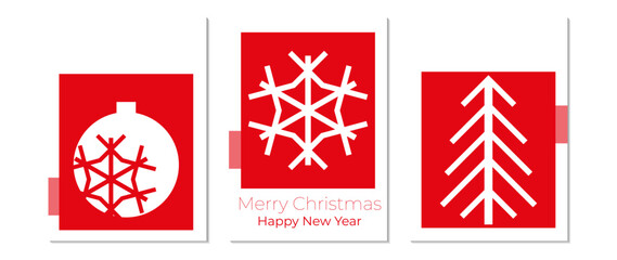 Set of greeting cards for Christmas and New Year with Christmas tree, geometric shapes, snowflake, balls. Vector illustration concepts for graphic and web design, social media banners, marketing mater