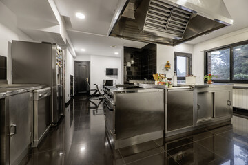 kitchen with industrial style stainless steel furniture with large extractor hood and shiny black...