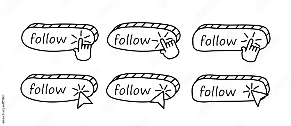 Poster follow button sign. pressing the button with a finger, forefinger. set of buttons for website, prese