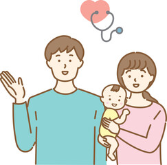 Obraz premium 若い夫婦と医療のアイコンのイラスト素材