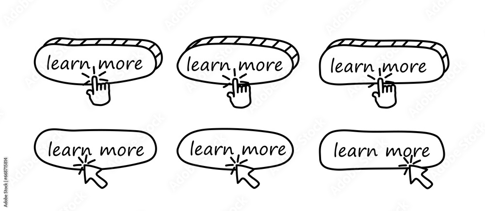 Poster learn more, set of interface buttons in cartoon style. finger, index finger presses the button