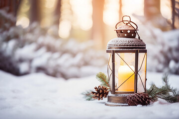 Christmas lantern on snow with fir branch in sunny day