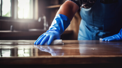 Woman hands in rubber gloves dusting wooden table, kitchen room interior. Cleaning home concept.	
