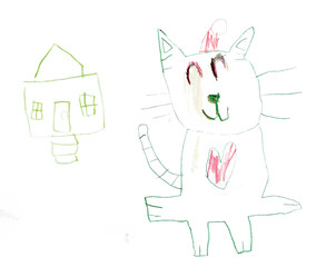 Drawing of a cat and a house, in the style of robotics kids, precisionist art, cut and paste, light magenta and green, barbizon school