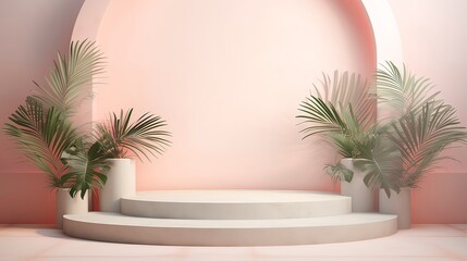 Minimalistic scene in soft pink tone with tropical plants for products. Generation AI