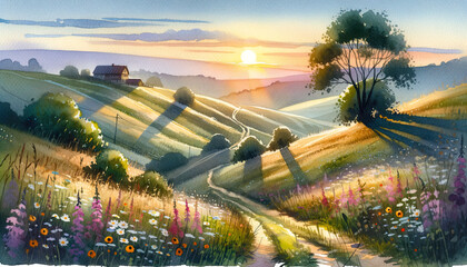 Sunrise Over Gentle Hills: A Cozy Cottage, Winding Paths, and a Meadow Bursting with Colorful Flowers, Childrens book illustration, Watercolor painting