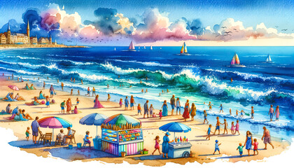 Fototapeta na wymiar Seaside Serenity: A Watercolor Illustration of Coastal Delight, Childrens Book, Beachy vibes