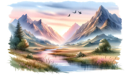 Dawn's Embrace: A Children's Book Watercolor Illustration of Majestic Mountain Valleys