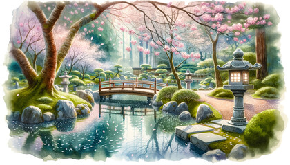 Whispers of Serenity: A Children's Book Watercolor Illustration of a Tranquil Japanese Garden