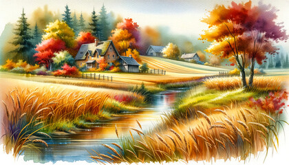 Golden Harvest Dreamscape: A Picturesque Village Awaits Beyond The Field, Children's Book Illustrations and Autumn Enthusiasts, Watercolor illustration