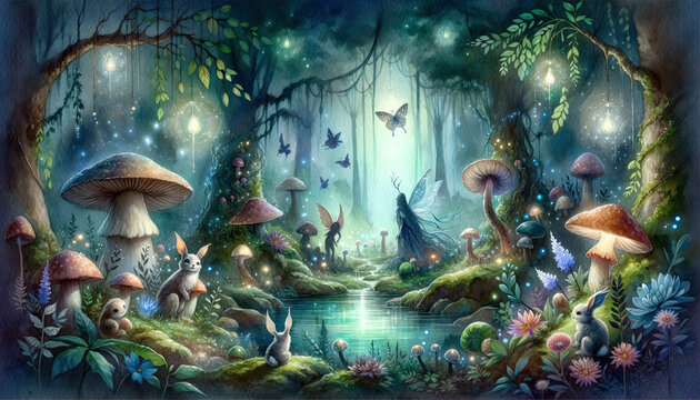Enchanted Forest Oasis: A Mystical Realm of Luminescence and Whimsy