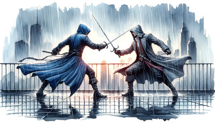Watercolor illustration of Epic sword battle, childrens book, Epic Fight in the Rain