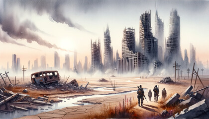 Watercolor illustration of Apocalyptic City, childrens book, People walking in desolation