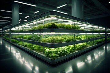 Hydroponic green salad farm in an exhibition space with LED lit greenhouse - obrazy, fototapety, plakaty