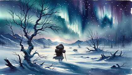 Watercolor illustration of winter landscape with snow, childrens book, northern lights