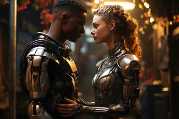 A dark-skinned male robot and a blonde female robot look at each other lovingly