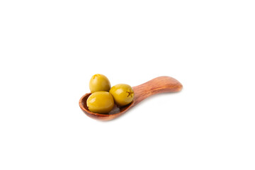 Delicious green olives isolated on white background. Olive and olive tree branches on a white table. Delicacy.