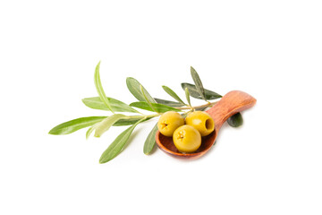 Delicious green olives isolated on white background. Olive and olive tree branches on a white...