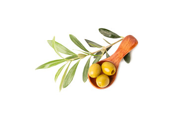 Delicious green olives isolated on white background. Olive and olive tree branches on a white...