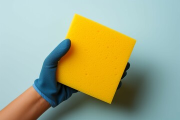 Isolated latex gloved hand wields a dishwashing sponge for spotless, clean dishes - obrazy, fototapety, plakaty