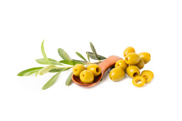 Delicious green olives isolated on white background. Olive and olive tree branches on a white...
