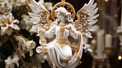 Fototapeta na wymiar Charming white and gold angel ornament with intricate details.