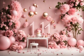 pink roses in a vase on the table isolated on pink background 