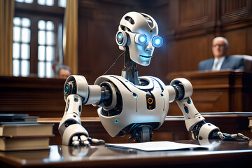 An AI robot testifying in a court proceeding, addressing issues related to copyrights, trademarks, patents, and the concept of fair use - obrazy, fototapety, plakaty