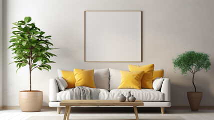 Modern living room with table, plants, picture on the wall, furniture, couch and chairs, mock-up | Generative AI