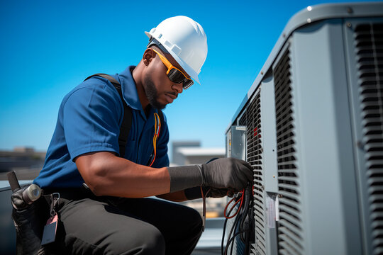 Rooftop air conditioner inspection for safety, power supply or maintenance.