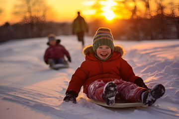 Children are sledding down a hill at sunset - obrazy, fototapety, plakaty